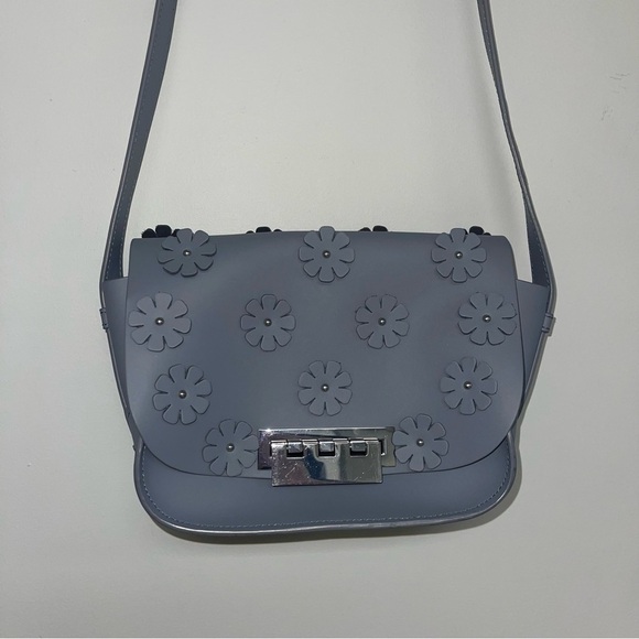 ZAC Zac Posen Crossbody Bag Slate Blue Grey Leather Flowers Handbag Purse Silver - Picture 5 of 14